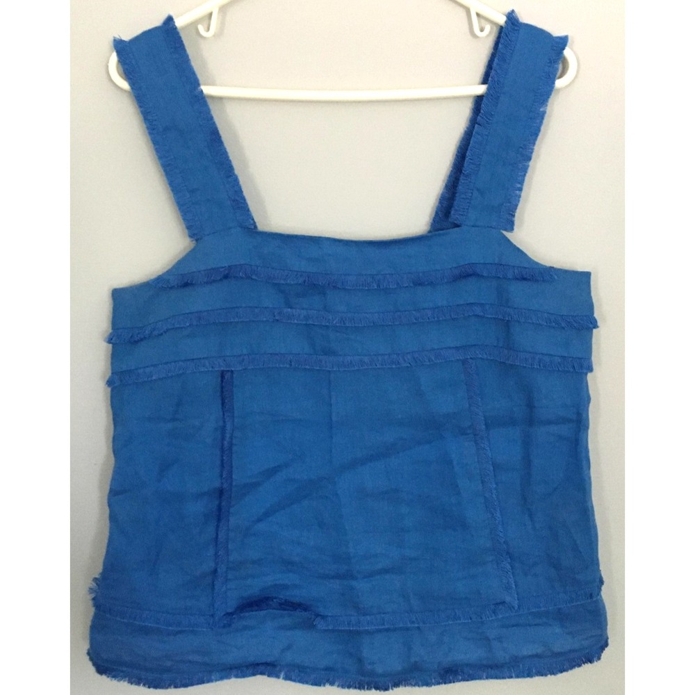 J Crew Tank Top Womens 6‎ Blue Linen Fringe Trim Sleeveless Summer Blouse